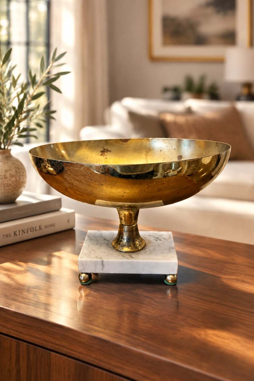 Vintage Brass Compote Bowl On Marble Pedestal Base 10 Inch